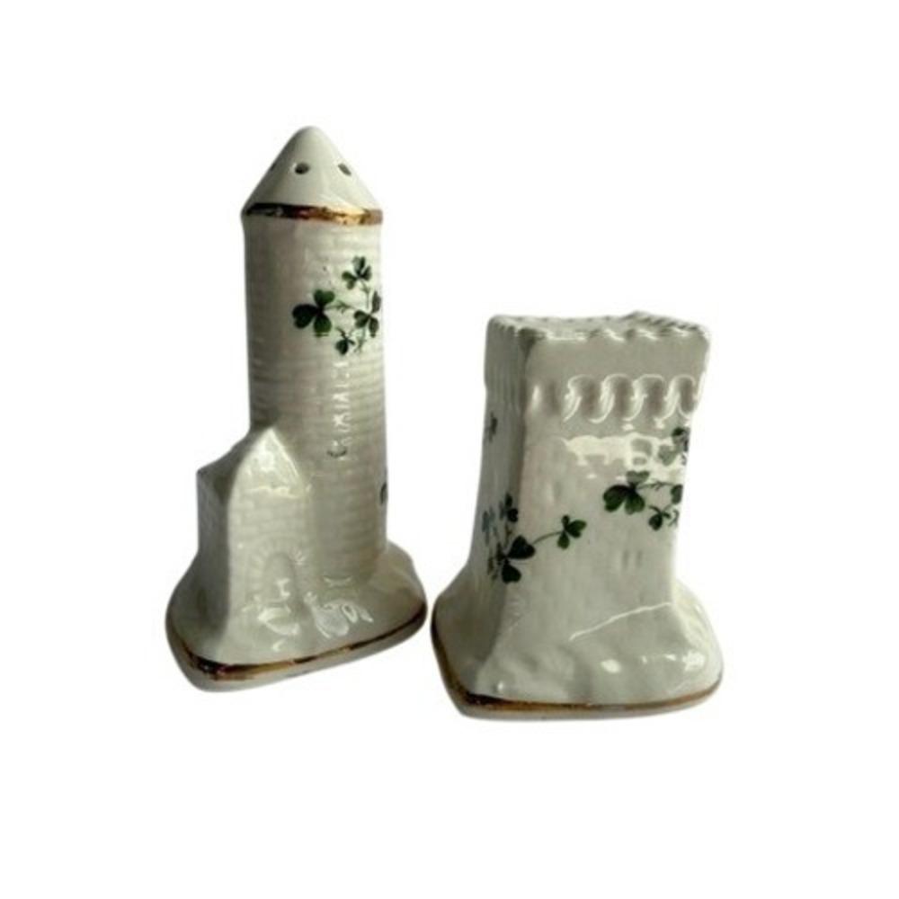 Carrigaline Pottery Ireland Shamrock Castle Tower Salt Pepper Shakers Vintage